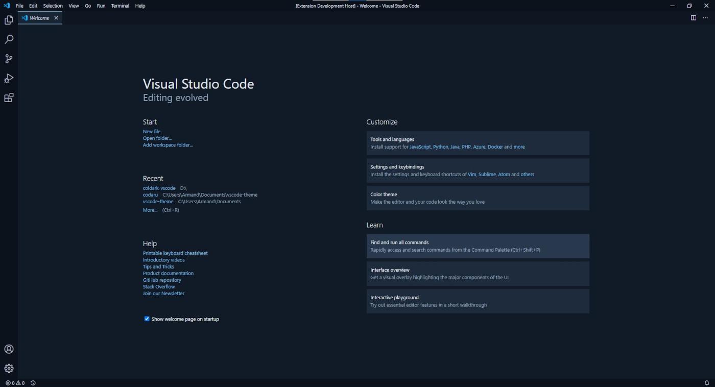 Aperçu de l'écran d'accueil VS Code avec Coldark Dark